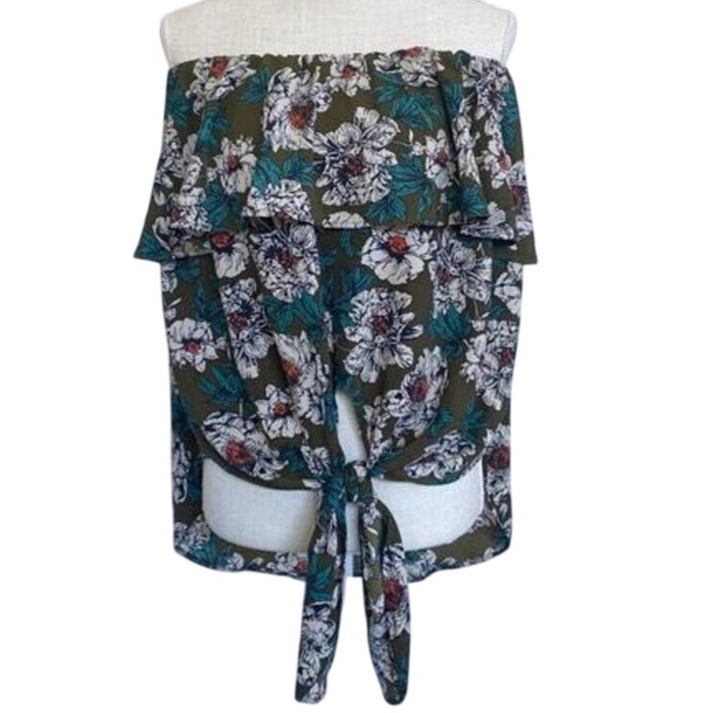 Cherish‎ Olive Green Floral Off The Shoulder Tie Front Ruffle Top High Low Hem